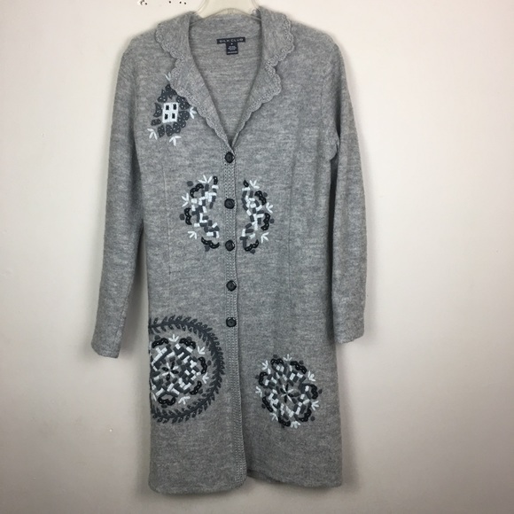 Silk club gray wool embroidered midi duster - Picture 2 of 9